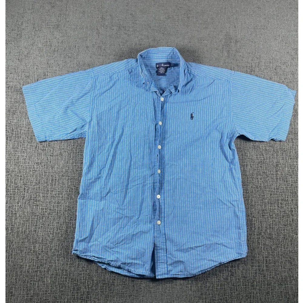Ralph Lauren Kids Blue Gingham Cotton Short Sleeve Button Down Shirt Size Large